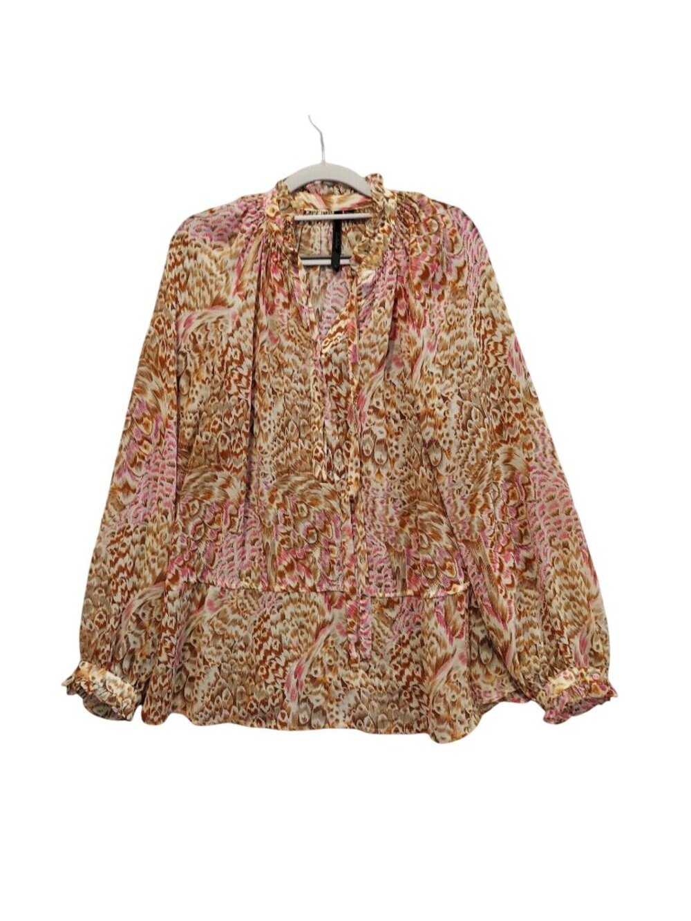 Bellatrix Blouse Womens L Sheer Pink Brown Cream High neck tie cuffs retro caree
